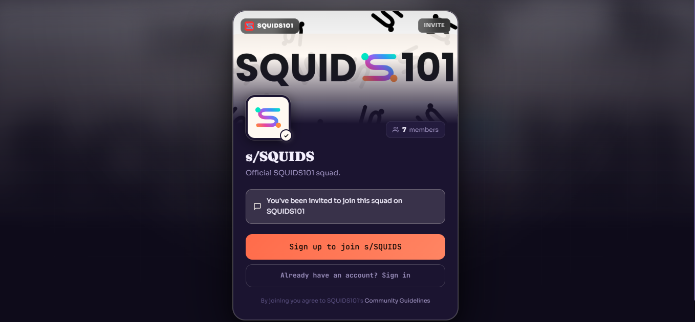 A SQUIDS101 squad invitation screen