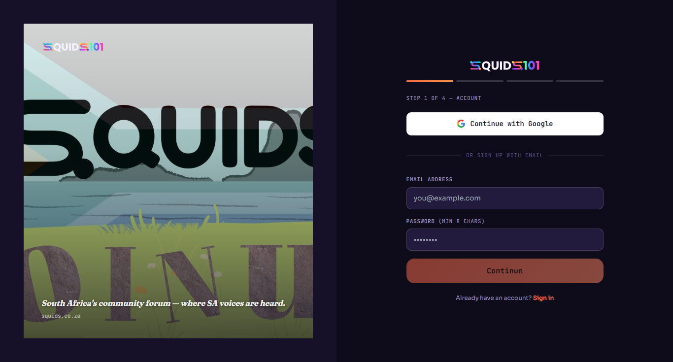 The SQUIDS101 sign-up screen