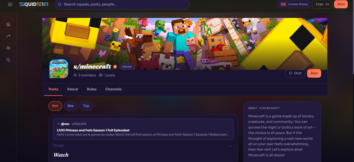 The s/minecraft squad page on SQUIDS101